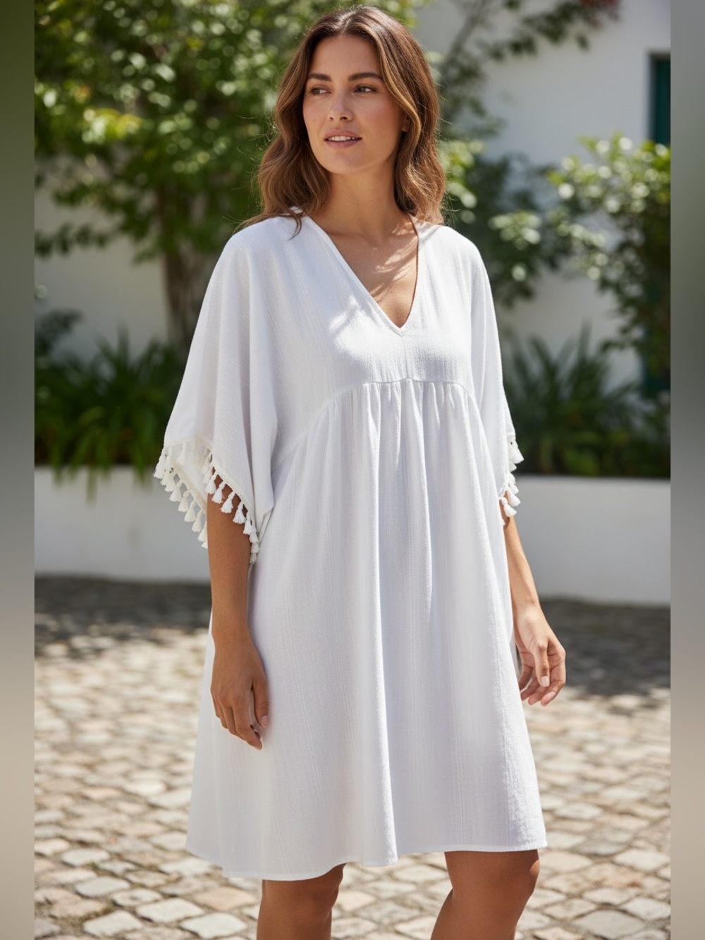 NEW Bognar Blu White Tassel Half Sleeves V-Neck Pullover Cover Up Dress XL